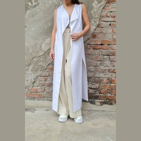 Doroteyya Tsarska Blue Gray Long Linen Vest Cardigan Size XL - Picture 6 of 6